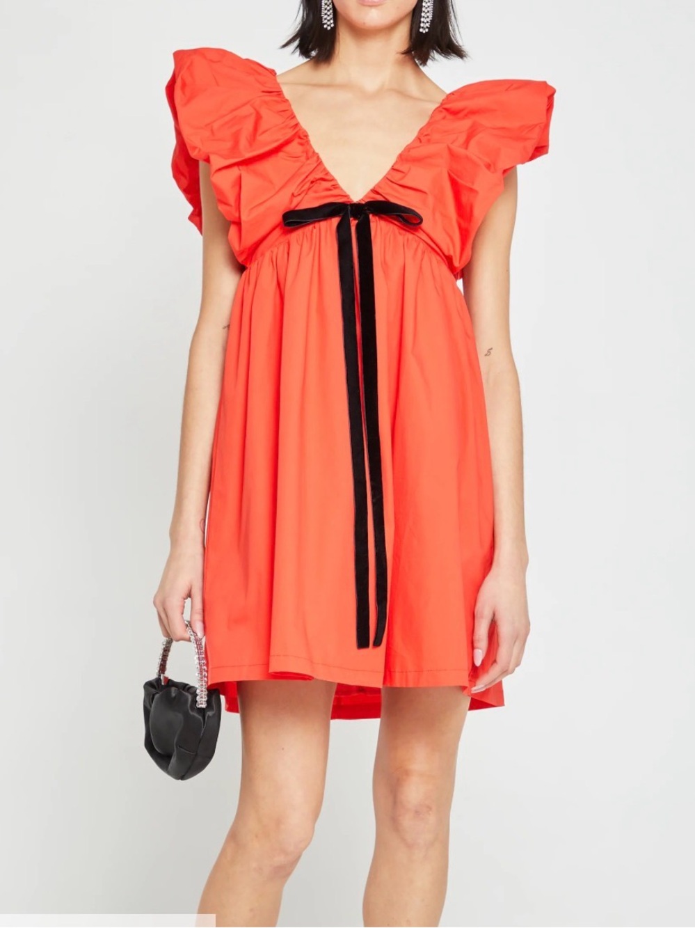 Vibrant Red Ruffle-Shoulder V-Neck Dress with Black Waist Tie